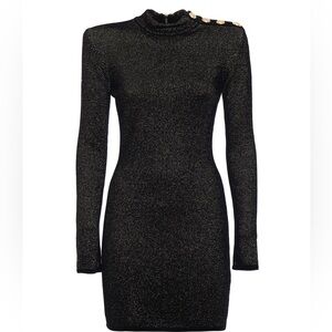 BALMAIN Metal­lic Mock Neck Long Sleeve Dress New With Tags
